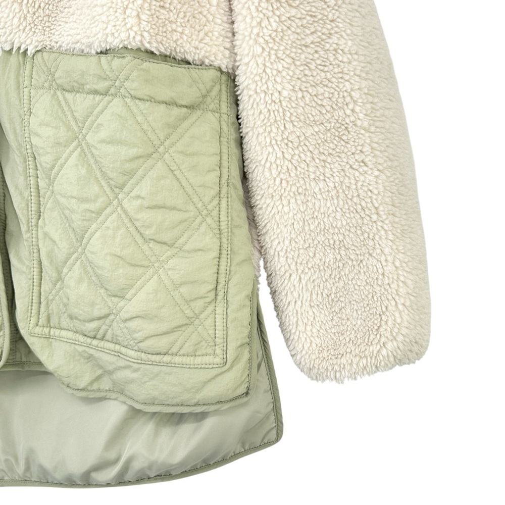 Zara Padded Cream White & Green Hooded Sherpa Fleece Button Up Jacket sz S - Picture 4 of 9
